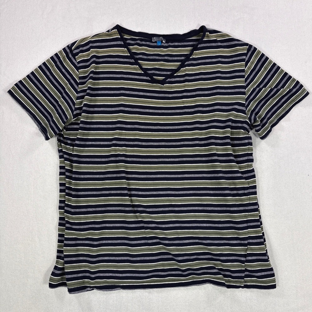 Royal Class Mens Pajama Top Large Blue Green Striped V-Neck 100% Cotton 811699